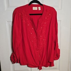 Chico's 3 Or 12 Or XL - Vibrant Red Embroidered Blouse Ties In Front